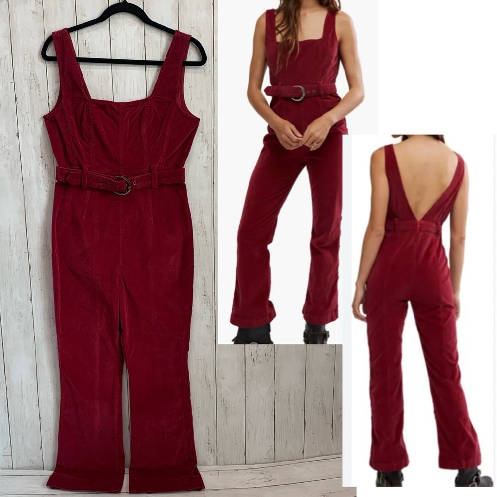 NWT Free People Party Starter Belted Velvet Jumpsuit Size 6 Berry NWT $168